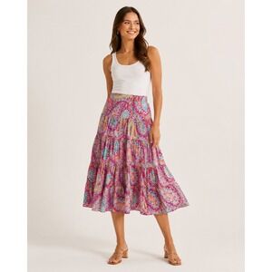 Lauren Ralph Lauren Paisley Tiered Midi Skirt Colorful Boho Cotton Skirt